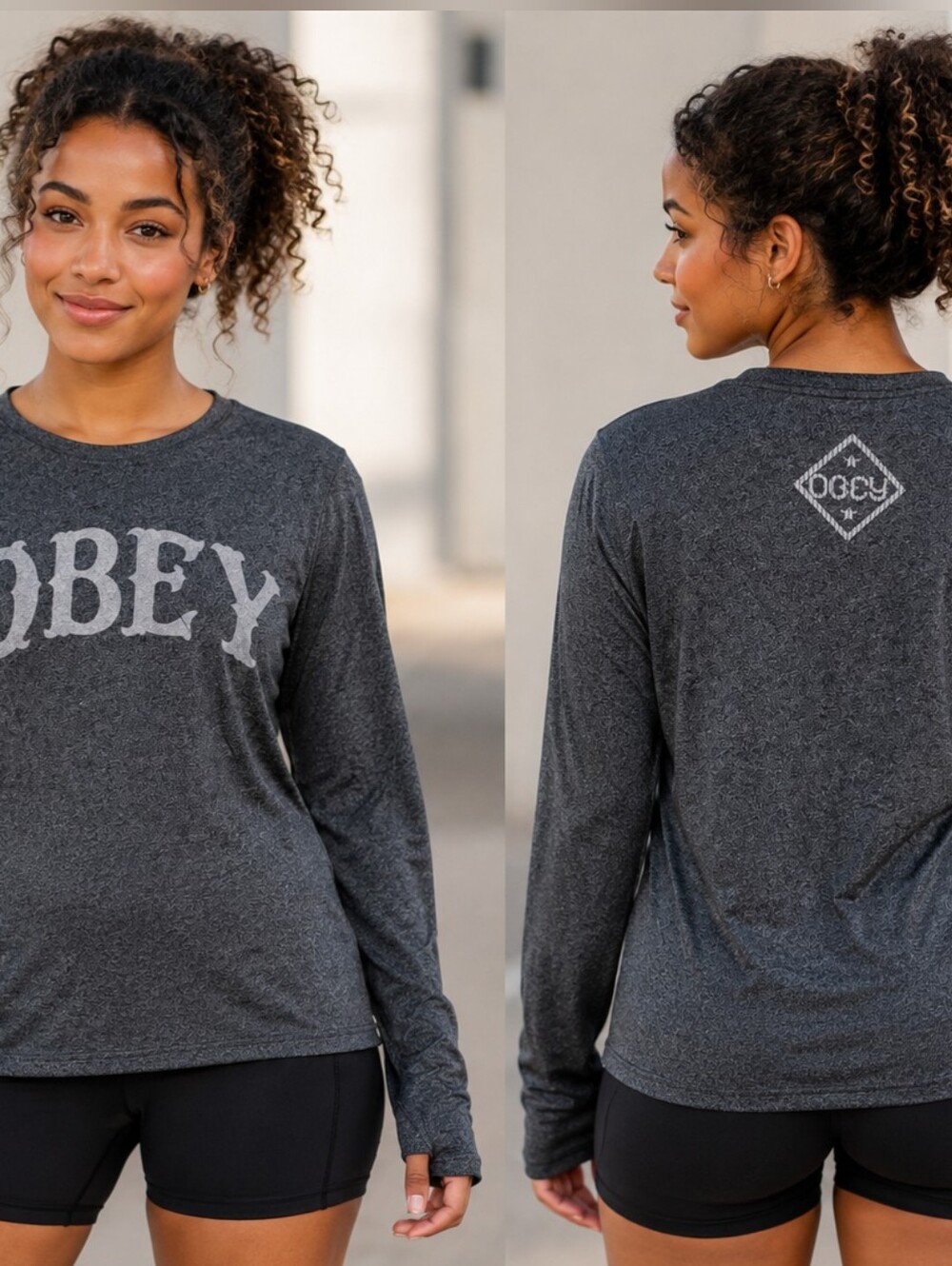 OBEY Graphic Long Sleeve Tee Gray Heather Logo Shirt Size Large